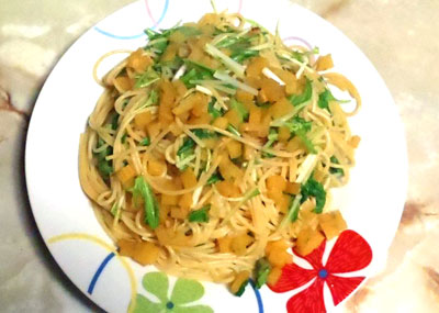 たくあんと水菜の和風パスタ